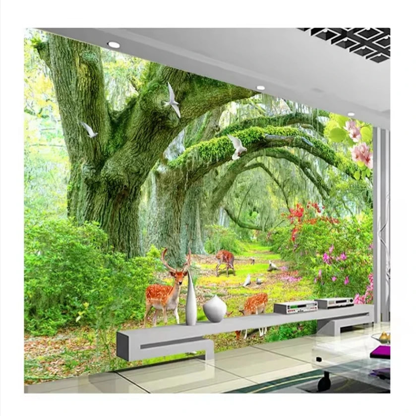 Custom Wallpaper 3d Green Forest Tree Animal Wall Murals Living Room Tv Sofa Background Wall Murals Home Decor