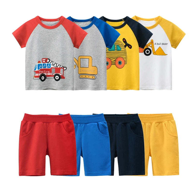 2022 Summer High Quality Casual Short Sleeve Cotton T-Shirt with Black Print Breathable Boy's Clothing Set