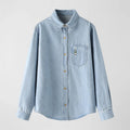 S-XL High Quality Streetwear Plain Statement Puff Sleeve Cropped Denim Shirt for Women