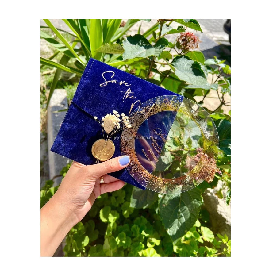 Luxury Printing Royal Blue Velvet Envelopes Plexiglass Marriage Acrylic Wedding Card Invitation Quinceanera Party