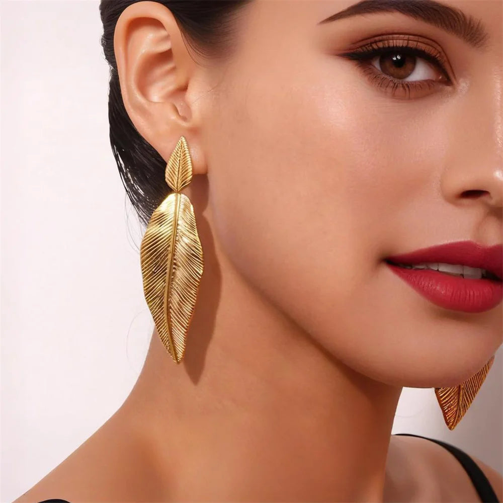 Stainless Steel Exaggerated Large Leaf Pendant Drop Earrings for Women Trendy Ladies Earring Hanging Accessories Fashion Jewelry