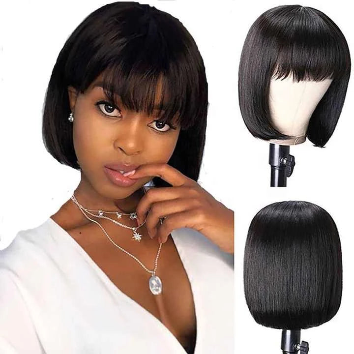 Straight  Bob Wig With Bangs 200% Density Brazilian Human Hair Full Machine Wig with Bangs for Black Women