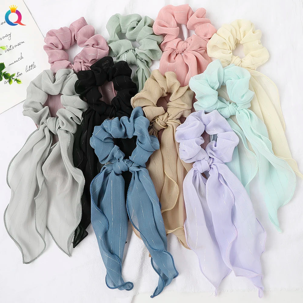 QIYUE Women Soft Scarf Scrunchies Bow Silver Thread Inside Hair Ribbon