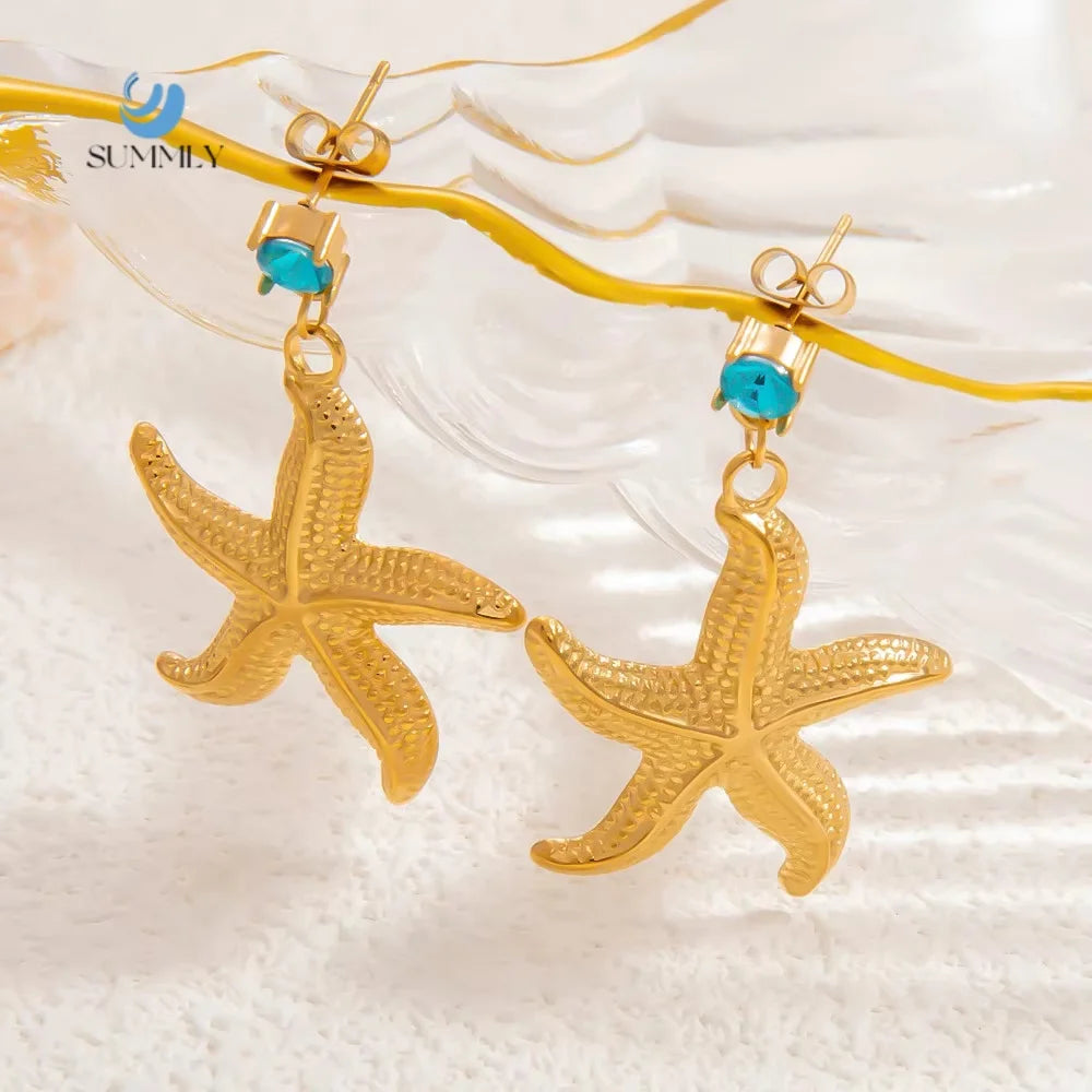 SUMMLY Trendy Starfish Pendant Waterproof 18K Gold Plated Stainless Steel Zircon Stud Earrings Fashion Jewelry