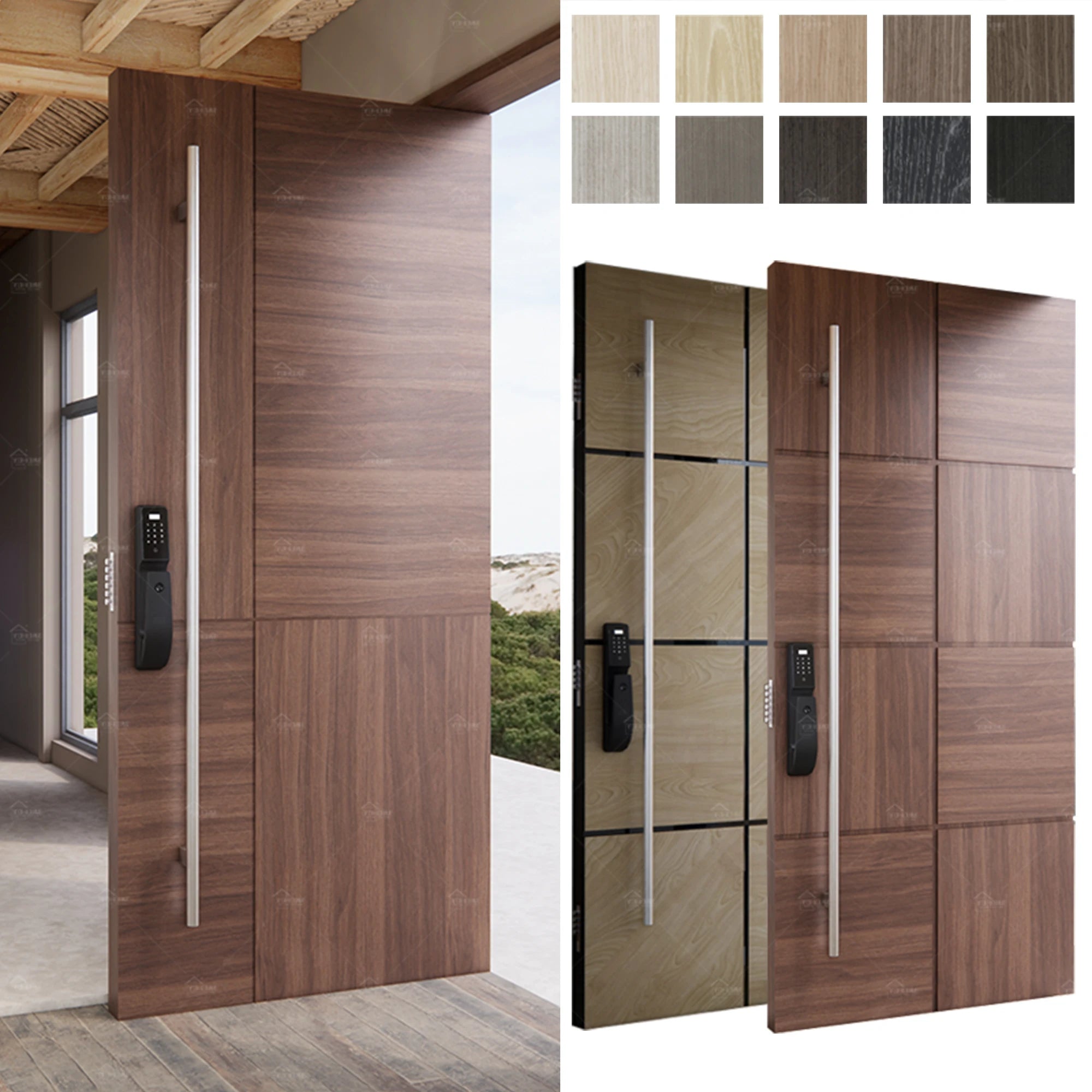 British Style Smart Lock Entry Door Villa Outside Wooden Walnut Main Pivot Front Doors for Houses Modern Hotel Exterior Door