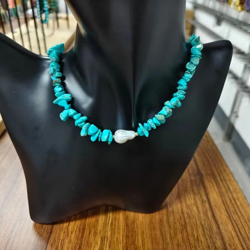 Yuma Gold Irregular Blue Turquoise and Natural Freshwater Pearl Women Choker Gemstone