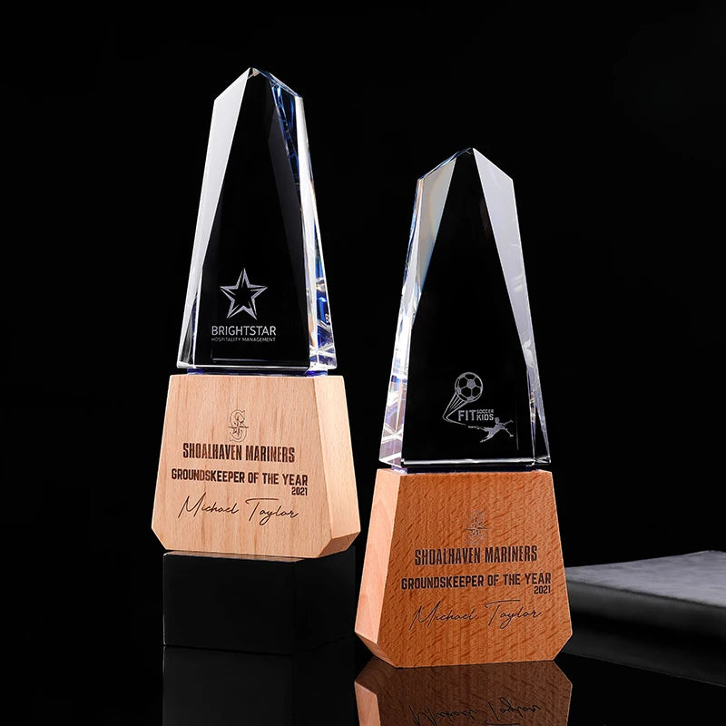 Custom 2026 Laser Engraved Crystal Trophy Wooden Base Awards Trophies