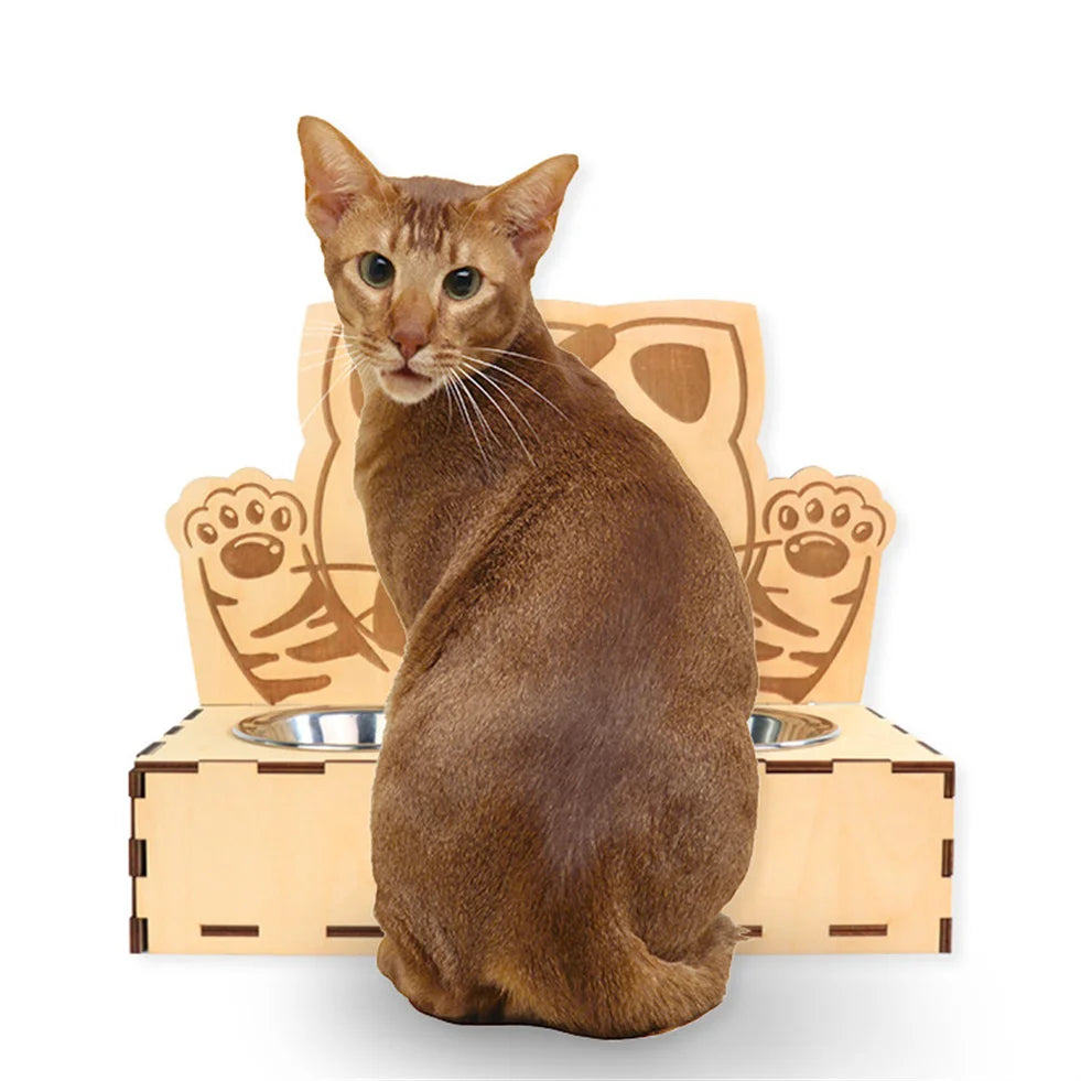 Pet Food Water Double Bowl Non-slip and Spill-proof Pet Dog and Cat Wooden Stainless Steel Bowl