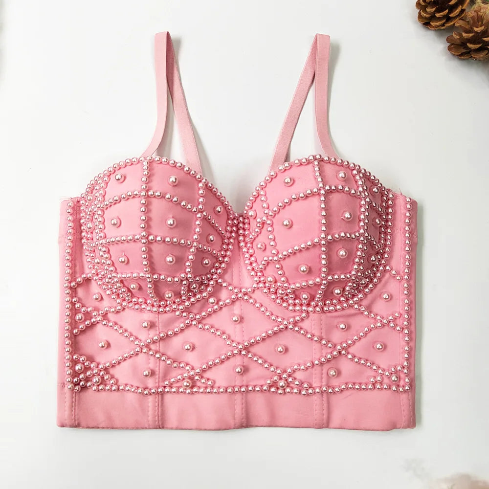 Women's Pearl Camisole Beautiful Back Exposed Navel Sexy Top Camisole