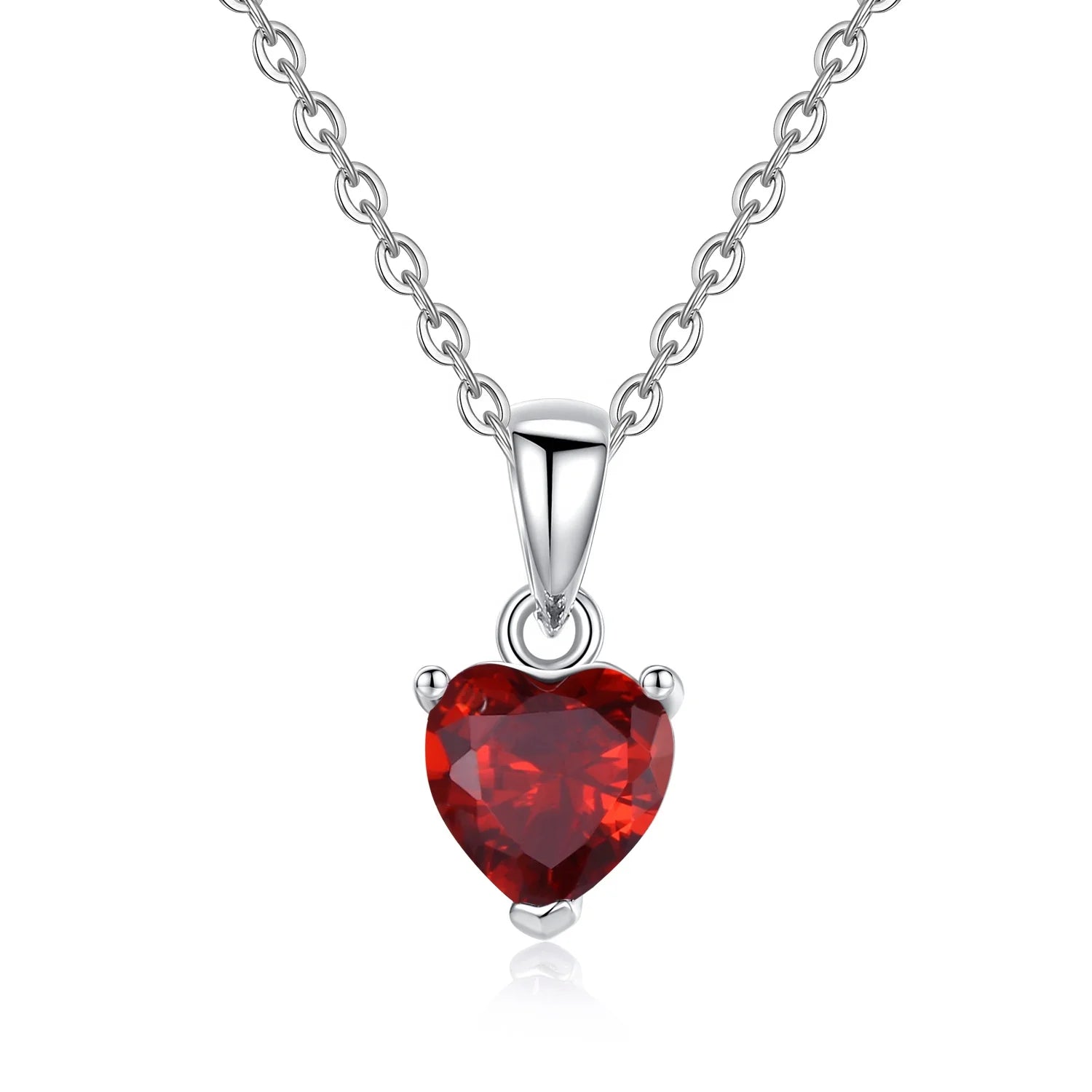 Classic Design 925 Sterling Silver Ruby Birth Stone Heart Shaped Cubic Zirconia Diamond Pendant Necklace