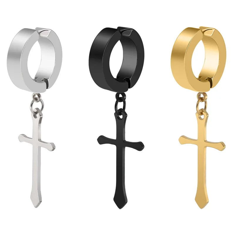 Fashion Titanium Steel No Pierced Cross Ear Clip Stainless Steel Double Sided Round Flat Clip on Earrings Jewelry