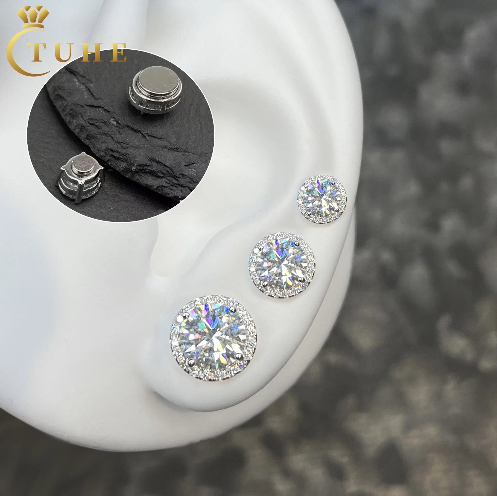 New Fashion Pass Diamond Tester 5mm 6.5mm 8mm Moissanite Stud Earrings 925 Sterling Silver Magnetic Halo Earings Jewelry for Men