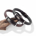 MECYLIFE Braided 10MM Wide Black Brown Leather Bracelet for Men Stainless Steel Custom Length Engravable Cuff Bracelet