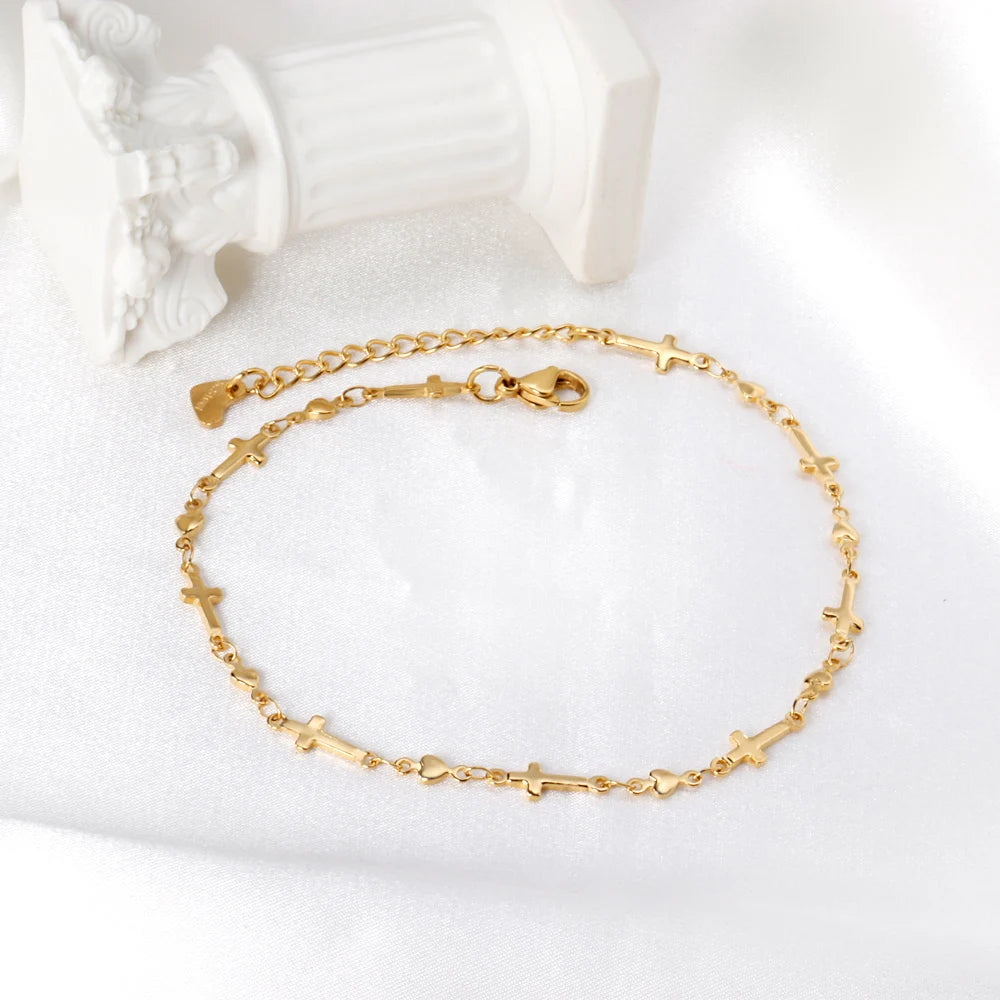 Fashion Stainless Steel Jewelry 18K Gold Plated Anklet Minimalist Foot Beach Summer Cross Heart Charm Chain Anklet for Women