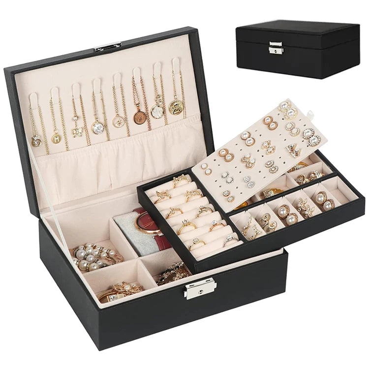 Wholesale Large 2 Layer Jewelry Box with Lock for Necklace Bracelet Storage Organizer Ring Tray Earring Holder