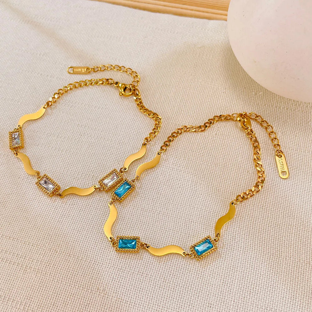 Ouj Fashion Jewelry Adjustable 18K Gold Plated Stainless Steel Rectangle Colored Crystal Cubic Zirconia Link Bracelet for Women