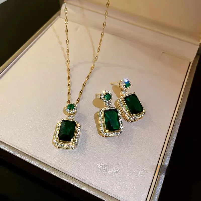Luxury Rectangle Emerald Cut Green Gemstone Diamond 18k Gold Plated Necklace Earrings Ring Set Jewelry Set