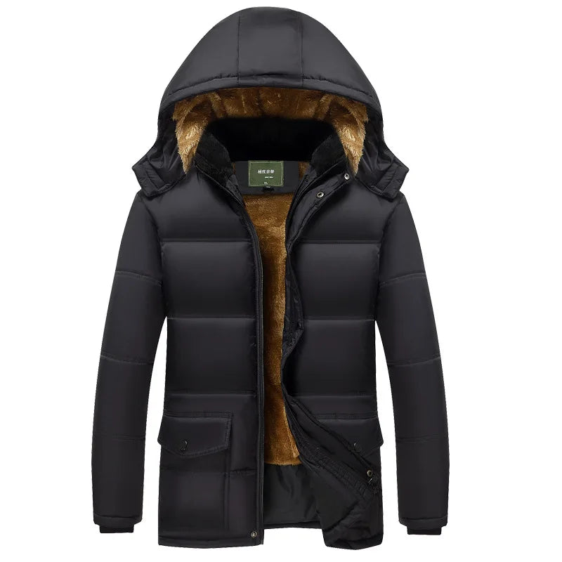 Custom Logo Unisex Windproof Middle Length Parka Mens Hooded Windbreaker Thicken Coats Casual Men's Jackets