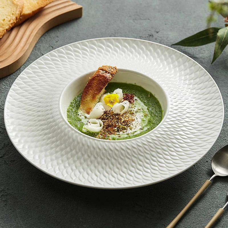 Eco-Friendly Hotel Embossed Ceramic Plate High Luxury Western Food Pasta Soup Plate High Value Tableware for Serving Straw Hat