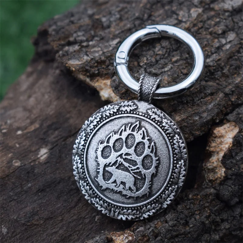 Fashion Trend Round  Bear Paw Keychain Slavic Bear Viking Runes Talisman Jewelry