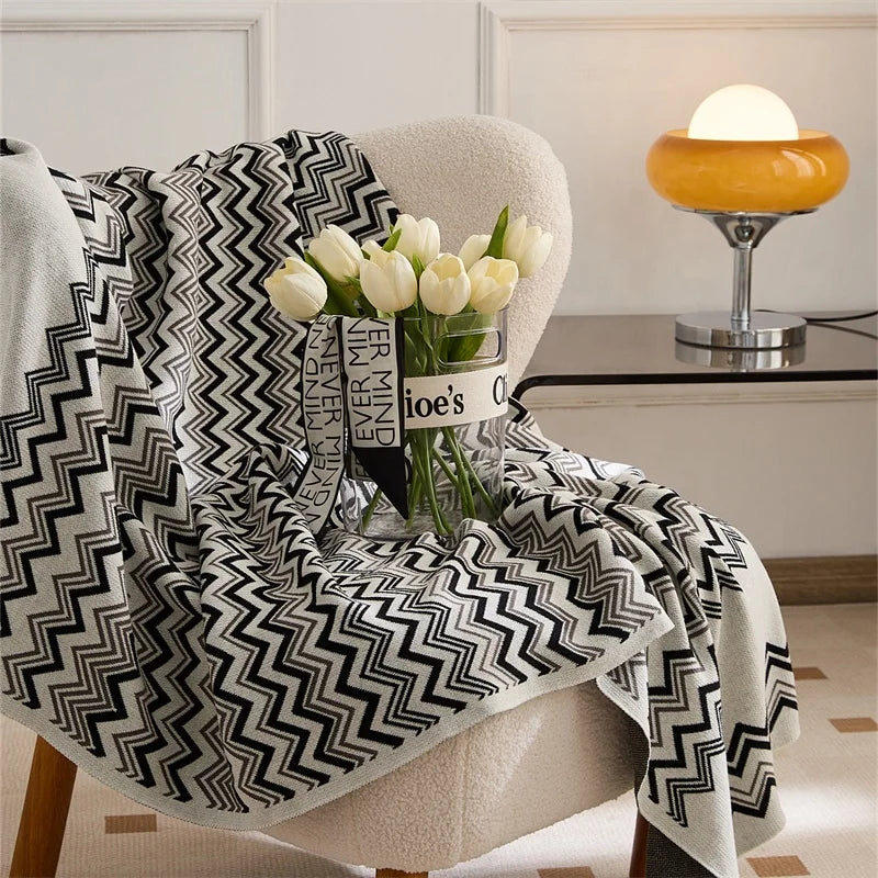 Fresh Color Soft and Skin-friendly Wave Stripe 100% Cotton Knitted Throw Blanket for Sofa Camping QY
