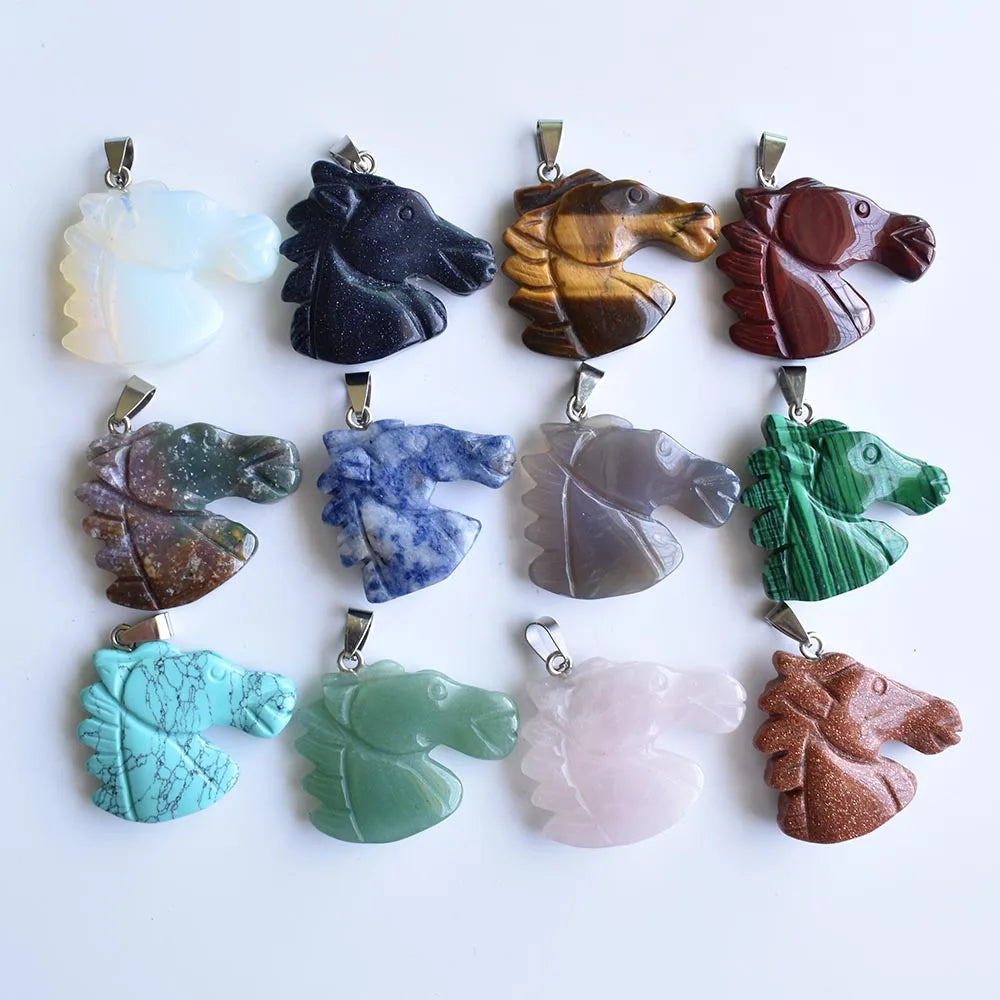 38 mm Natural Gemstone Horse Head Charms Healing Crystal Quartz Yellow Tiger Eye Horse Head Charm Pendant for Men Necklace