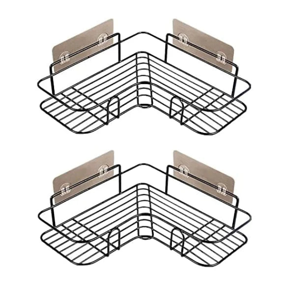 Corner Shelf Rack Adhesive Shower Caddy Without Drilling Stainless Steel Triangle Storage Black for Bathroom and Kitchen