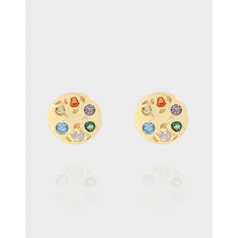 18K Gold Color 925 Sterling Silver Round Rainbow Colorful Zircon Pave Stud Earrings for Girls Engagement Jewelry Gifts