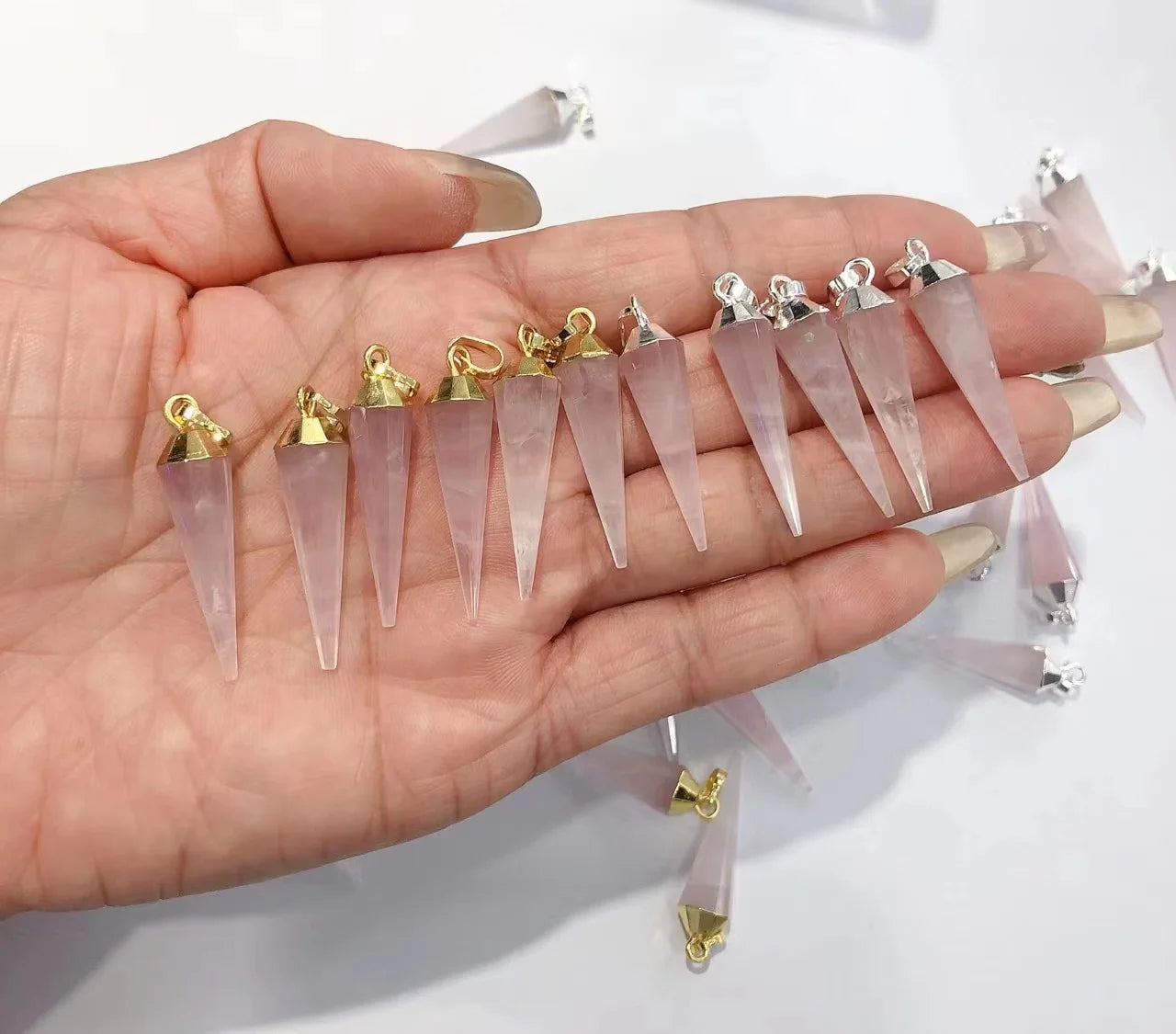 Dainty Children's Classic Pendants Natural Rose Quartz Crystal Healing Chakra Point Pendulum Charms for Making Jewelry