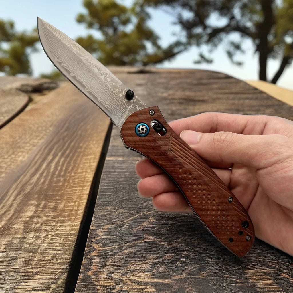 Portable Folding Damascus Pocket Knife with Dark Wood Handle Ball Bearing System Opening Leather Sheath for Camping Survival