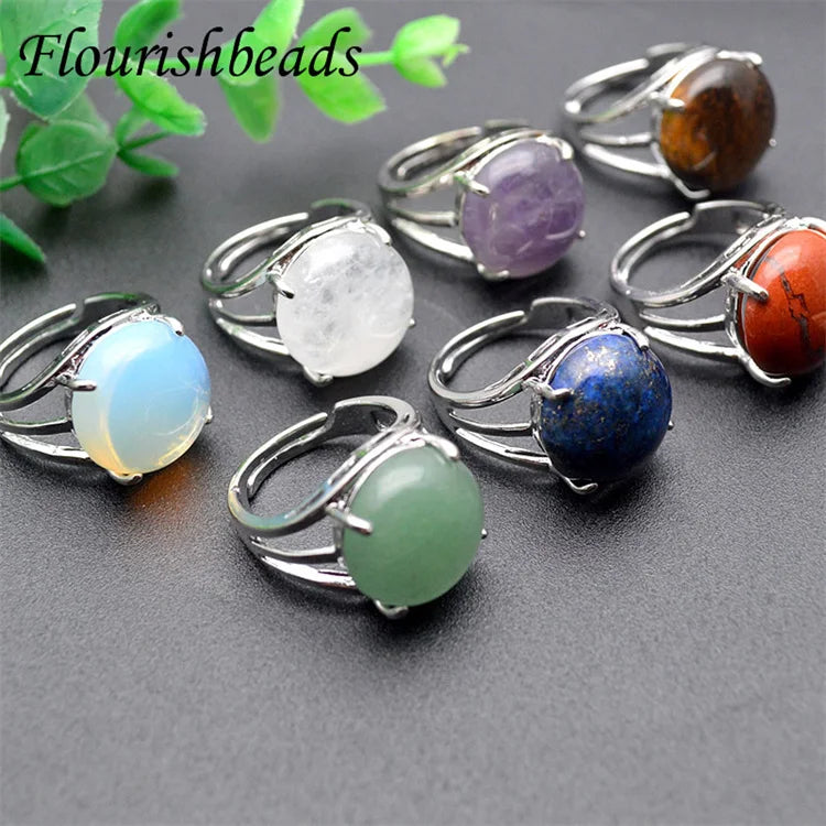 Natural Gemstone Silver Plated Multi Stone Crystal Green Aventurine Lapis Lazuli Red Stone Jasper Cabochons Adjustable Rings