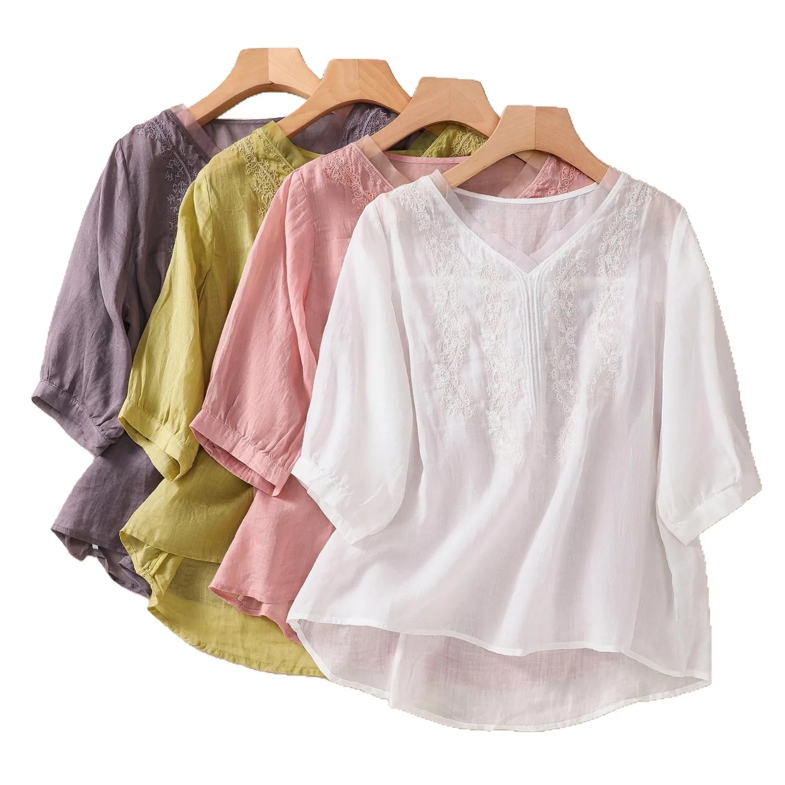 Women's Cotton Linen Loose Woven Blouse Plus Size Vintage Short Sleeve Front Logo Summer Party 2025