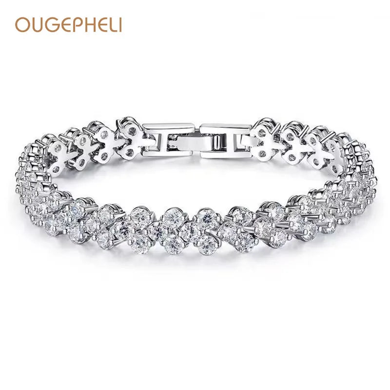 OUGEPHELI Luxury Wholesale Rome CZ Zircon Cubic Zirconia White Gold Plated Brass Fine Fashion Jewelry Charm Bracelets