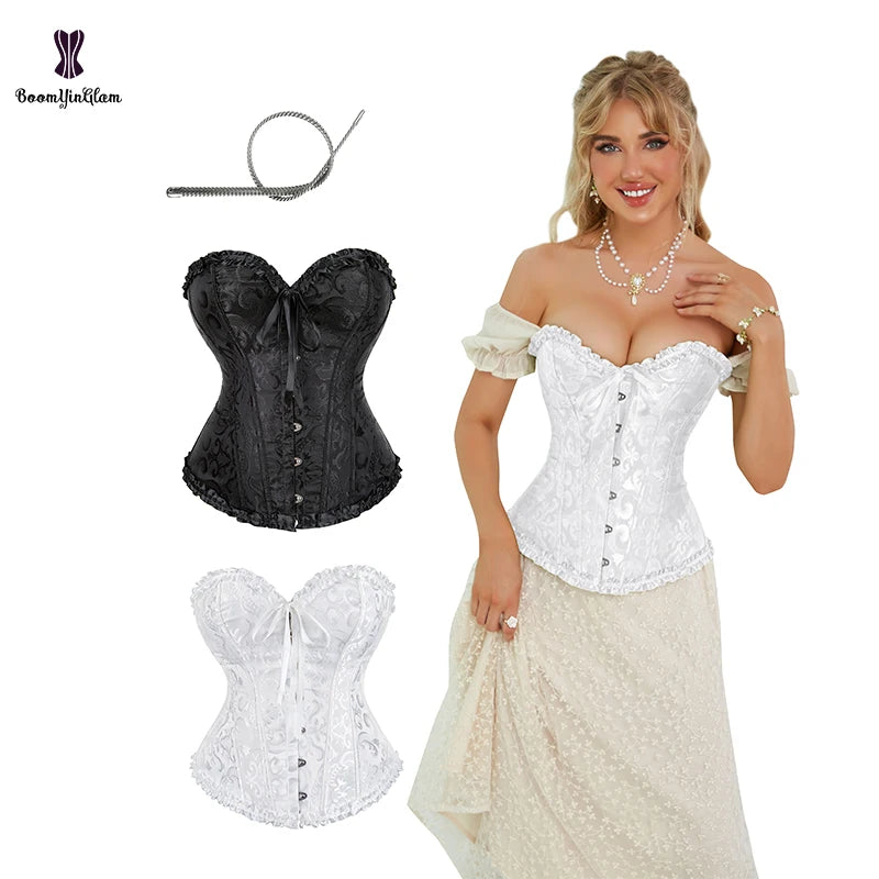 Front 6 Busk Closure Black White Lingerie Women Plus Size Xs-xxl  Victorian Gothic Corset Top With 12 Steel Bone