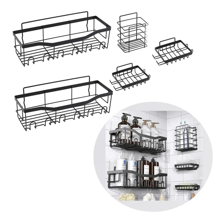 5 Pcs Modern Eco-Friendly Multifunctional No Drill Wall Mounted Black Shower Caddy Stainless Steel Bathroom