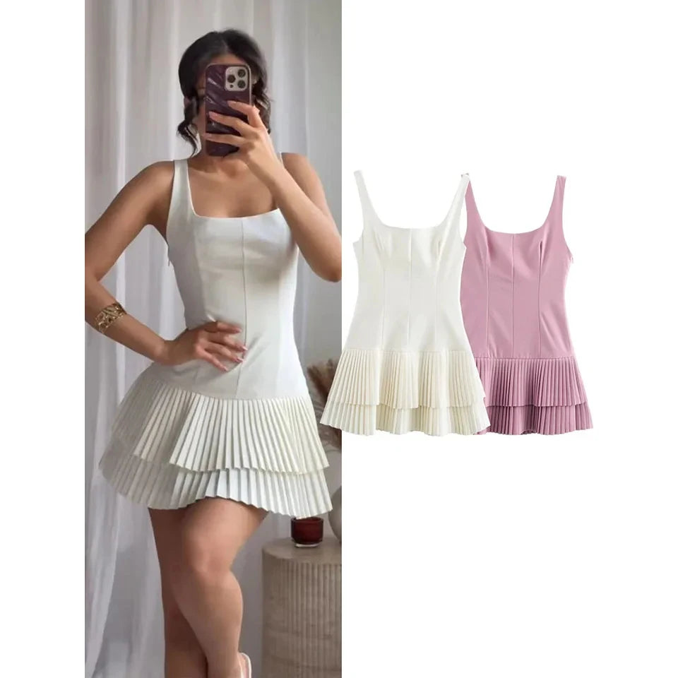 Chic High Street Slim Short Dress Female Summer Pleated Dress Women Fashion Square Collar Sleeveless Solid Mini Dress