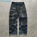 Vintage Pants Custom 100% Cotton Acid Washed Wide Leg Cargo Pants Double Knee Work Jeans Carpenter Pant for Men