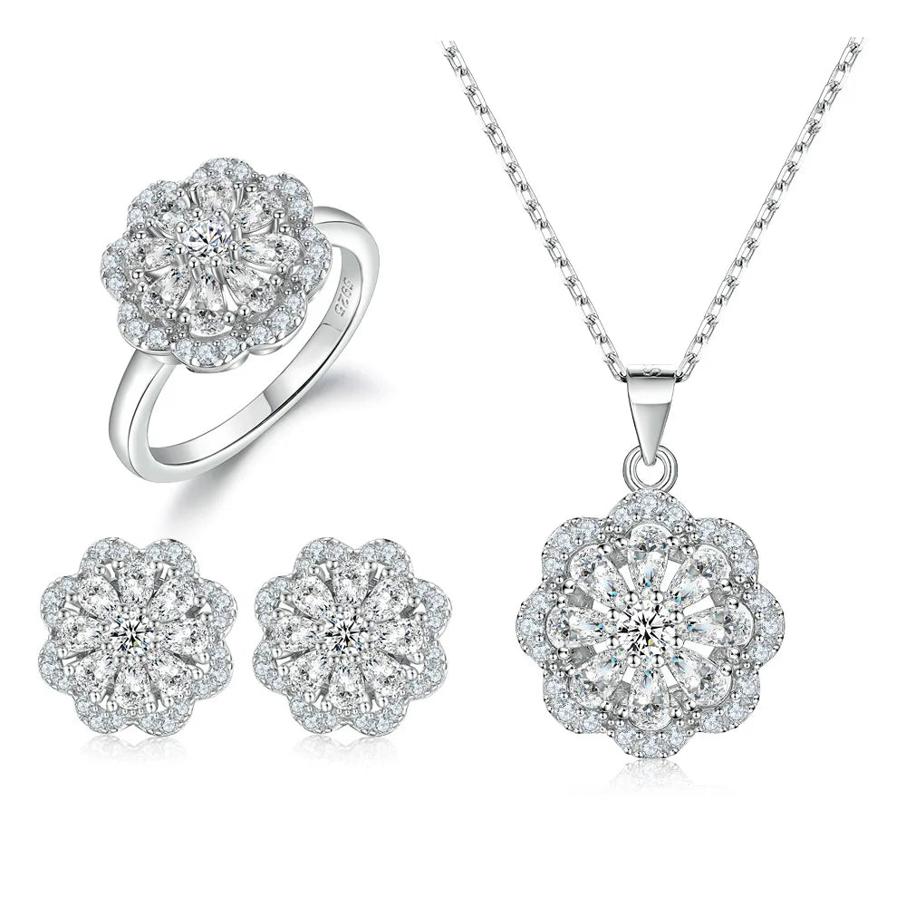 Fashion Individuality Zircon Sterling Silver 925 Rhodium Plated Trendy Pear Cut Flower Design Three-Piece Jewelry Set for Women