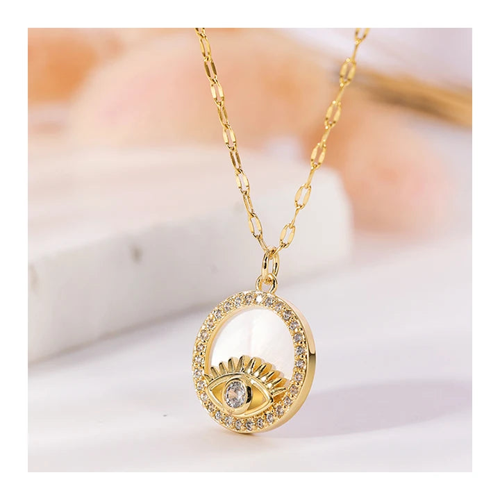 HOVANCI INS Stainless Steel White Shell Snake Necklace 18K Gold Plated Oval Evil Eyes Shell Pendant Necklace