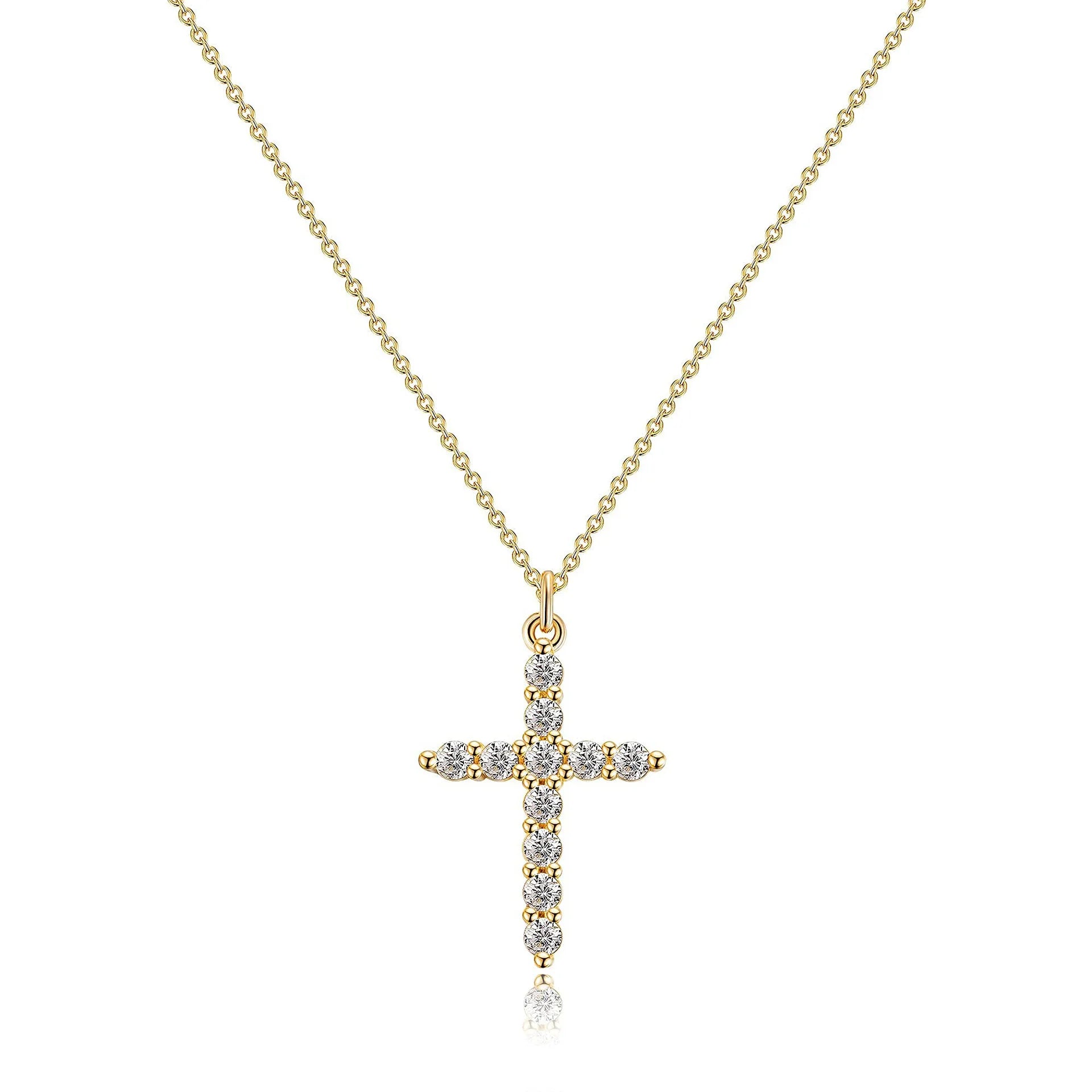 Wholesale Crystal Diamond Religion Jewelry Gold Plated Stainless Steel Chain CZ Micro Pave Cross Pendant Necklace for Women