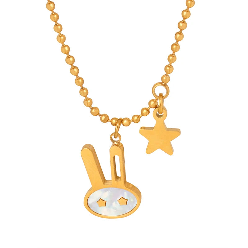 Factory Direct Stainless Steel 18K Gold Plated Bead Chain Shell Inlaid Rabbit Star Charm Pendant Necklace for Daily Wear Gift