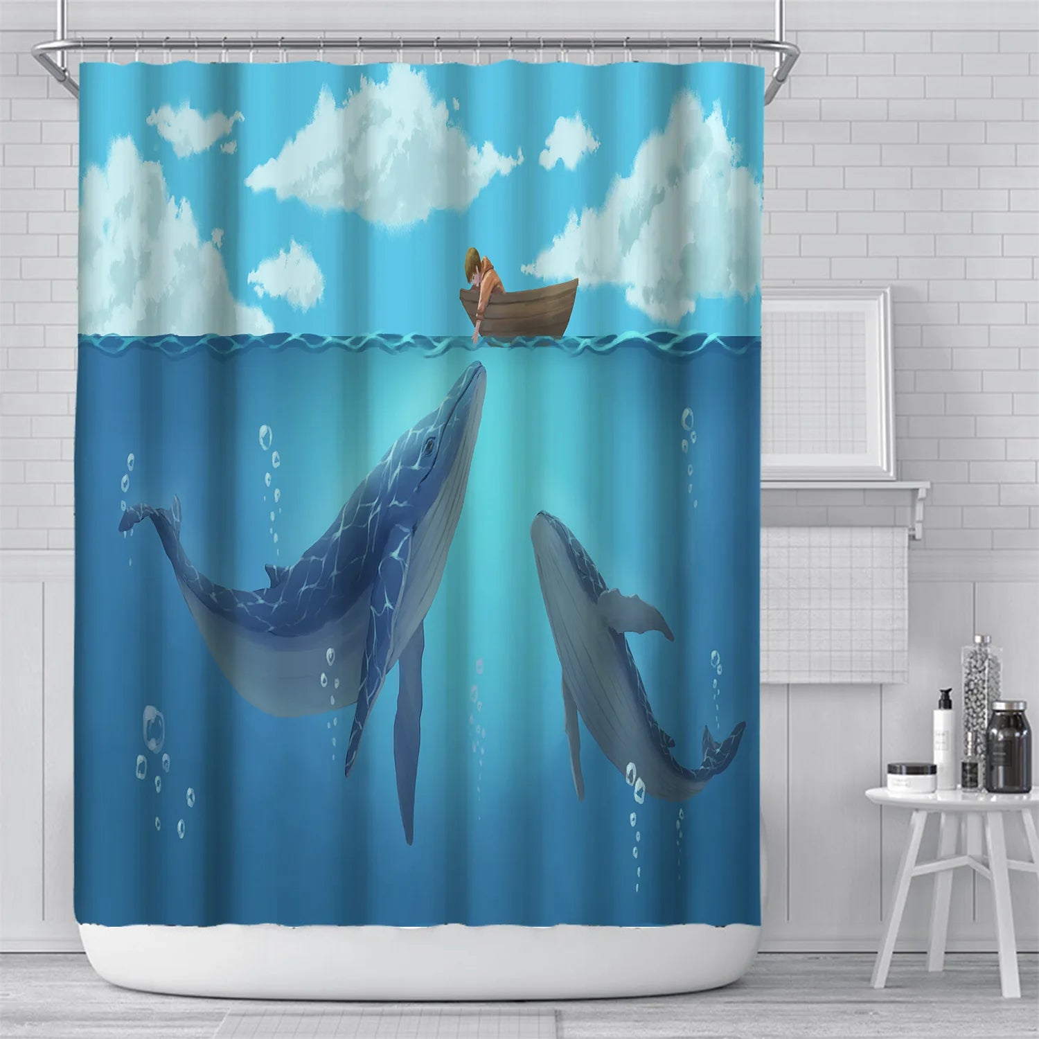 Dolphin Shower Curtain Cute Ocean Animal Bathroom Decor Waterproof Polyester Cloth Bath Curtain