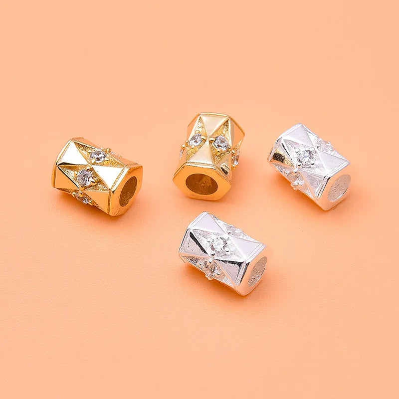 925 Sterling Silver 7.2*5.6mm CZ Zircon Polygon Cylinder Spacers Beads for Jewelry Making Accessories
