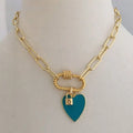 NM35947 Fashion Wholesale Carabiner Choker Chain Necklace Enamel Heart Charm Gold Plated CZ Padlock Charm Paperclip Link Chain
