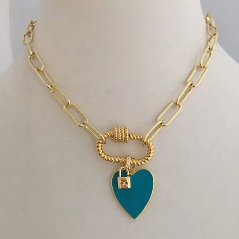 NM35947 Fashion Wholesale Carabiner Choker Chain Necklace Enamel Heart Charm Gold Plated CZ Padlock Charm Paperclip Link Chain