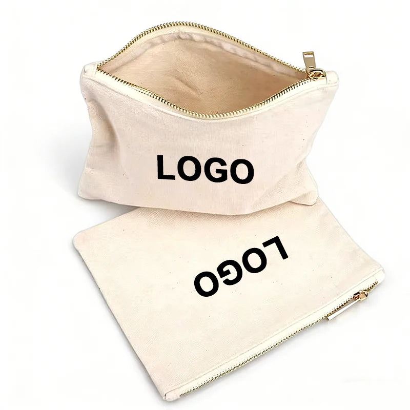 Custom Logo Cotton Canvas Makeup Bag Cosmetic Bag Wrist Multipurpose with Zipper Travel Pencil Bag Toiletry Storage Pencil Cases