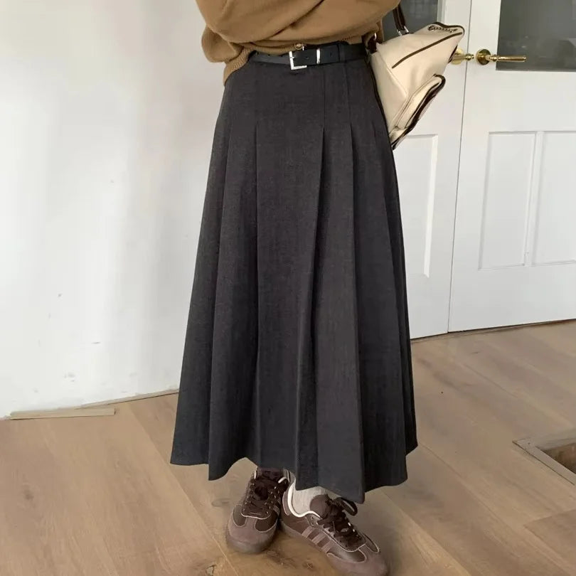 French Style Pleated A-line Skirt Autumn and Winter New High Waisted Retro Mid Length