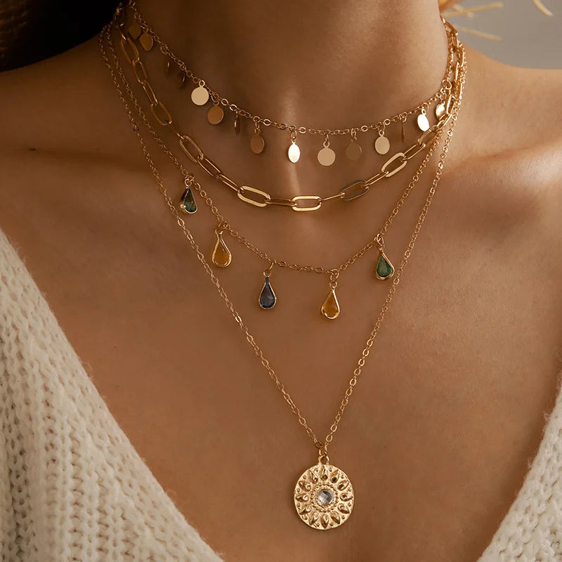 2022 Popular 4 Layers Geometric Disc Fringe Necklace Multi Layered Rhinestone Tassel Necklace