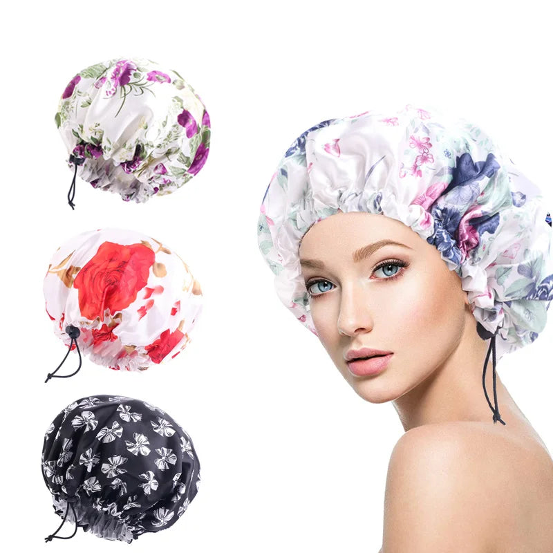 Waterproof Bath Cap Reusable Shower Caps Double Layers Soft Silk Adjustable Bonnet Satin Lined Large Size for Long Hair