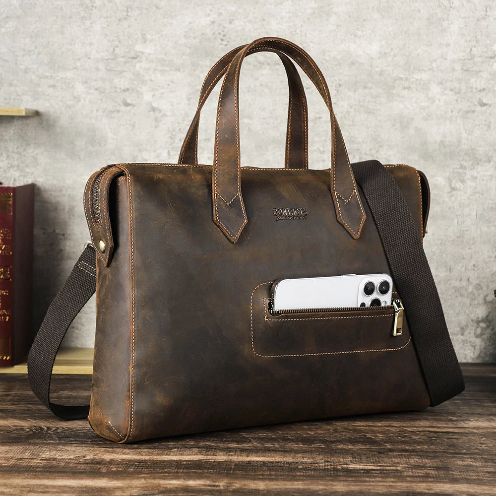 Contact's Casual Laptop Bag for Men 13.3 Inch Laptop Handbag Vintage Crazy Horse Leather BrIefcase Laptop Bag With Front Pocket